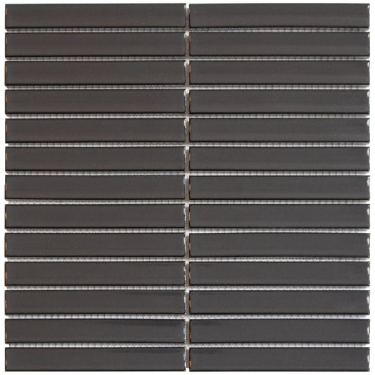 Glazed Porcelain Mosaic Tile Sheet Sevilla Concave 6"x1" Kit Kat Fingers Glossy Black Osiris Hertman, Box 9.5 sq.ft.