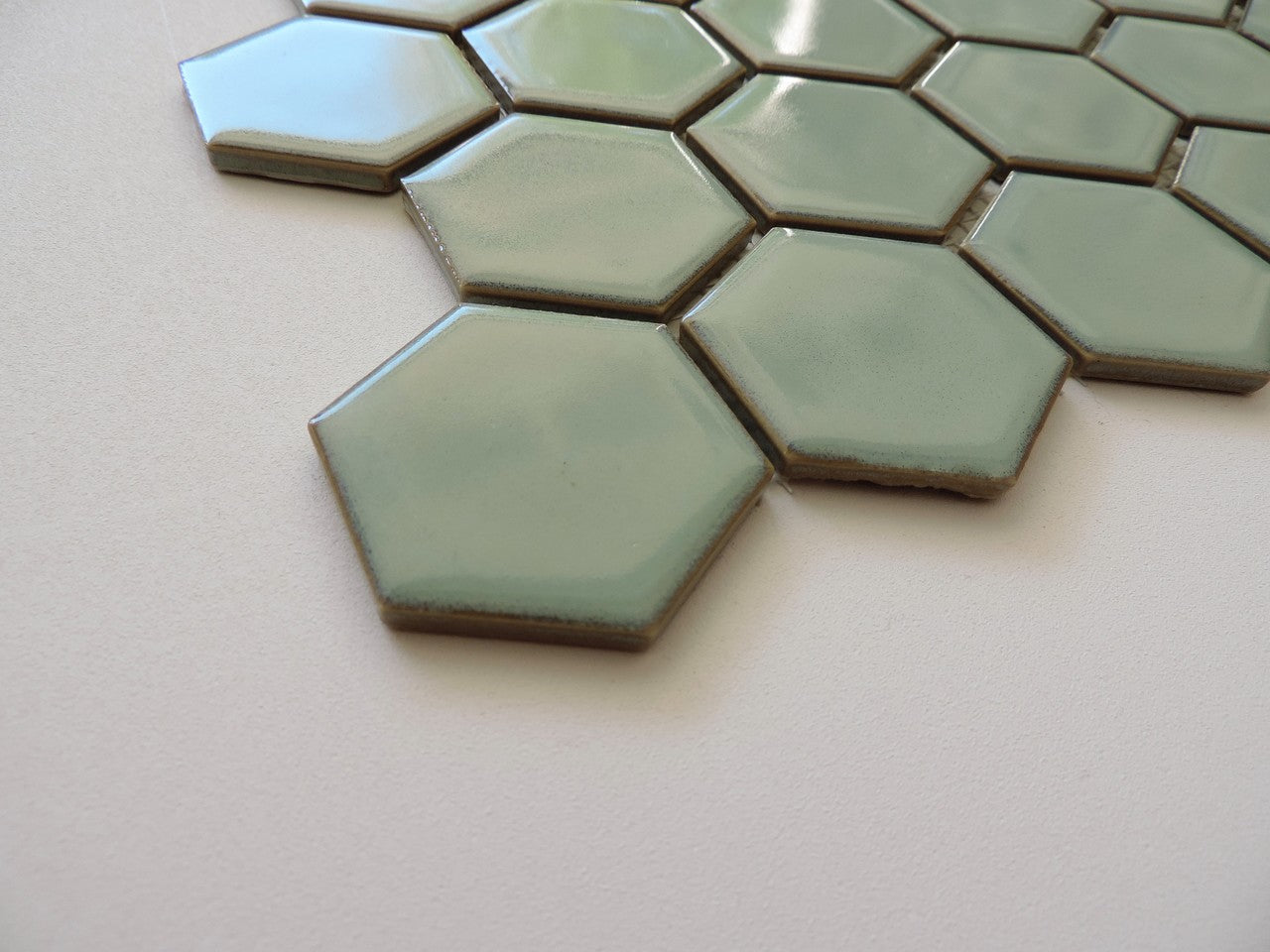 Glazed Porcelain Mosaic Tile Sheet  Barcelona 2"x2" Hexagon Glossy Light Green With Retro Edge, Box 9.8 sq. ft.