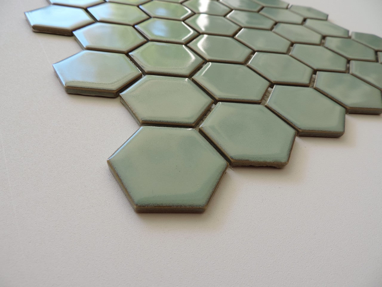 Glazed Porcelain Mosaic Tile Sheet  Barcelona 2"x2" Hexagon Glossy Light Green With Retro Edge, Box 9.8 sq. ft.