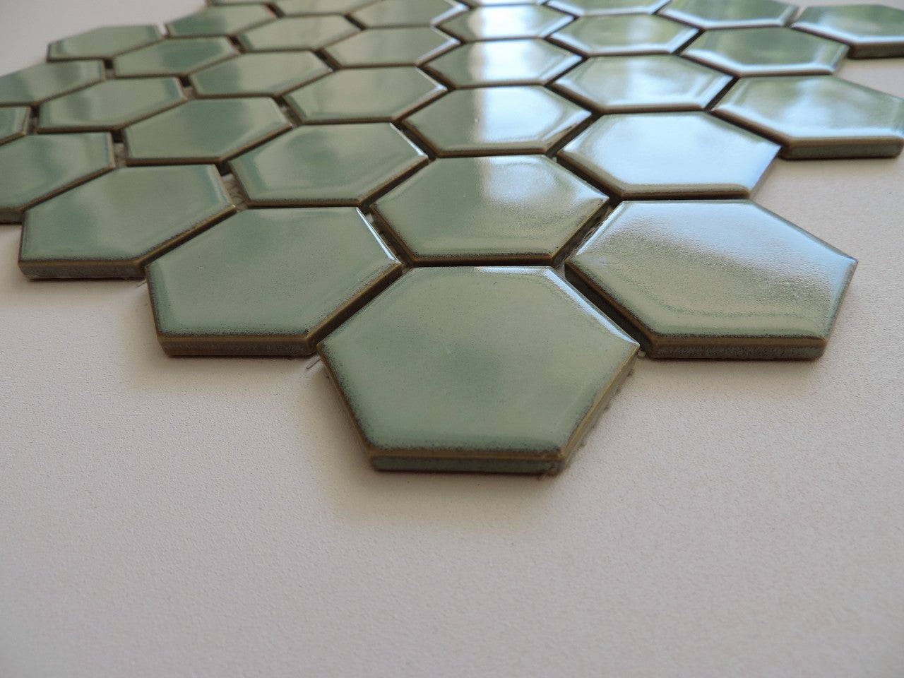 Glazed Porcelain Mosaic Tile Sheet  Barcelona 2"x2" Hexagon Glossy Light Green With Retro Edge, Box 9.8 sq. ft.