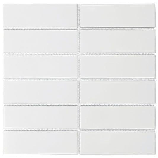 Glazed Porcelain Mosaic Tile Sheet  Barcelona 2"x6" Rectangular Glossy White