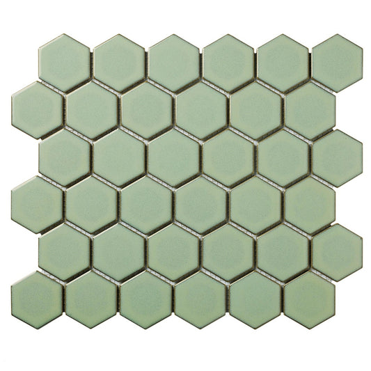 Glazed Porcelain Mosaic Tile Sheet  Barcelona 2"x2" Hexagon Glossy Light Green With Retro Edge, Box 9.8 sq. ft.