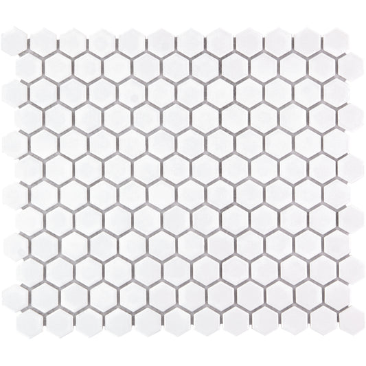 Glazed Porcelain Mosaic Tile Sheet  Barcelona 1"x1" Hexagon Matte White, Box 8.4 sq. ft.