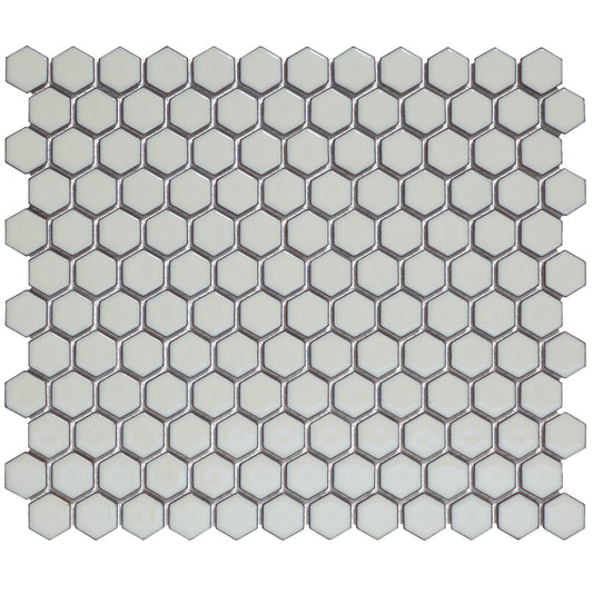 Glazed Porcelain Mosaic Tile Sheet  Barcelona 1"x1" Hexagon Glossy Soft Gray With Retro Edge, Box 8.4 sq. ft.