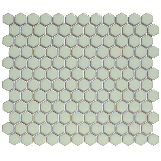 Glazed Porcelain Mosaic Tile Sheet  Barcelona 1"x1" Hexagon Glossy Soft Green With Retro Edge, Box 8.4 sq. ft.