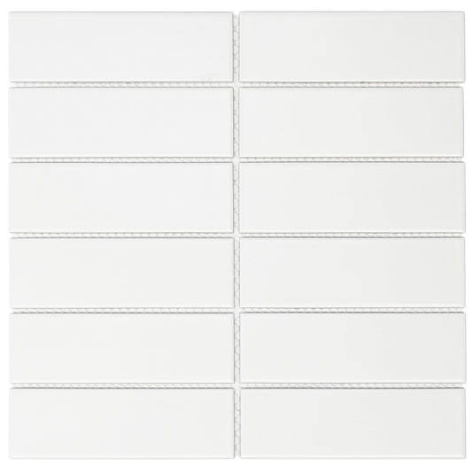 Glazed Porcelain Mosaic Tile Sheet  Barcelona 2"x6" Rectangular Matte White