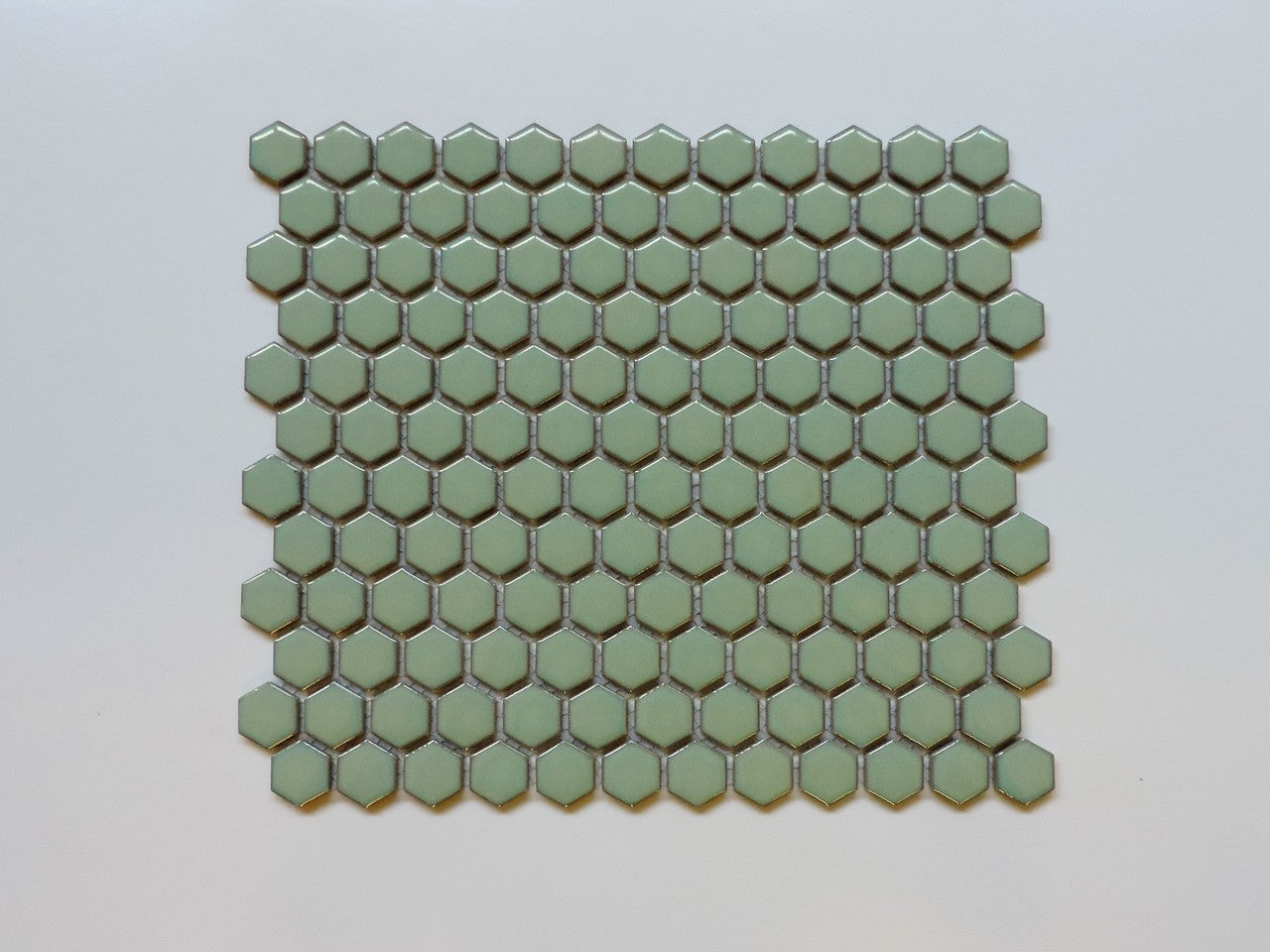 Glazed Porcelain Mosaic Tile Sheet  Barcelona 1"x1" Hexagon Glossy Soft Green With Retro Edge, Box 8.4 sq. ft.