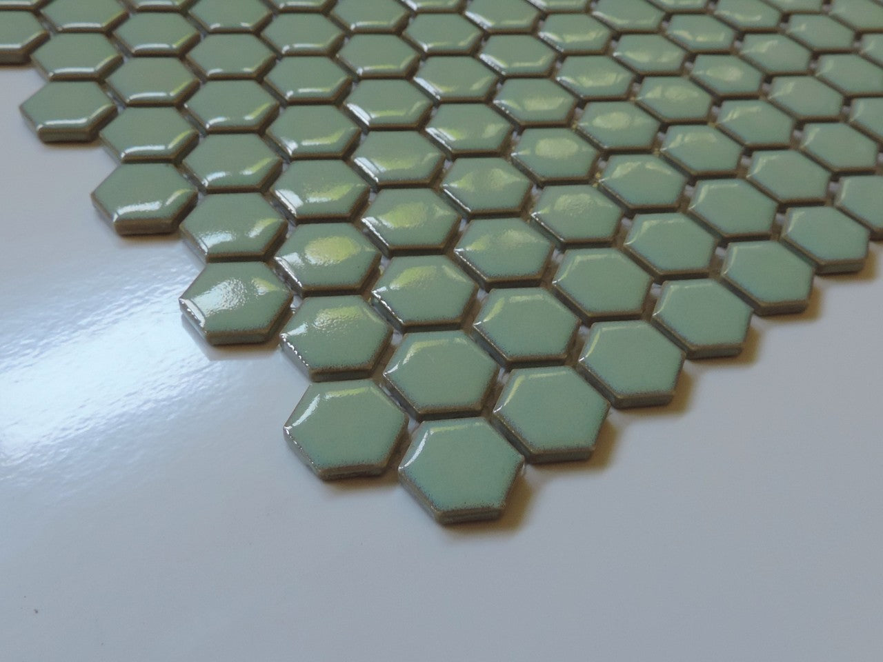 Glazed Porcelain Mosaic Tile Sheet  Barcelona 1"x1" Hexagon Glossy Soft Green With Retro Edge, Box 8.4 sq. ft.