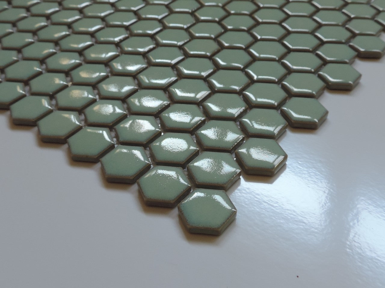 Glazed Porcelain Mosaic Tile Sheet  Barcelona 1"x1" Hexagon Glossy Soft Green With Retro Edge, Box 8.4 sq. ft.