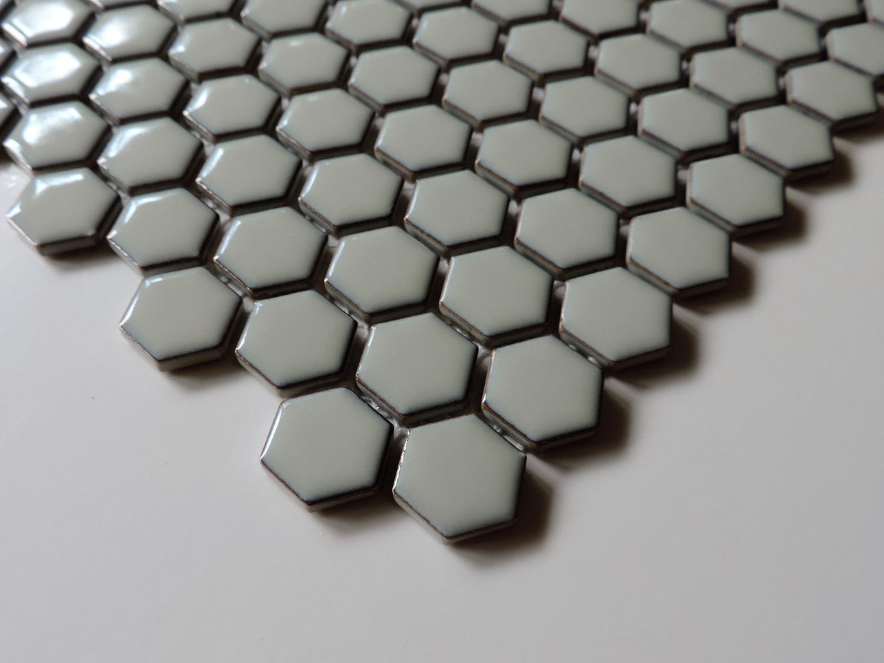 Glazed Porcelain Mosaic Tile Sheet  Barcelona 1"x1" Hexagon Glossy Soft Gray With Retro Edge, Box 8.4 sq. ft.