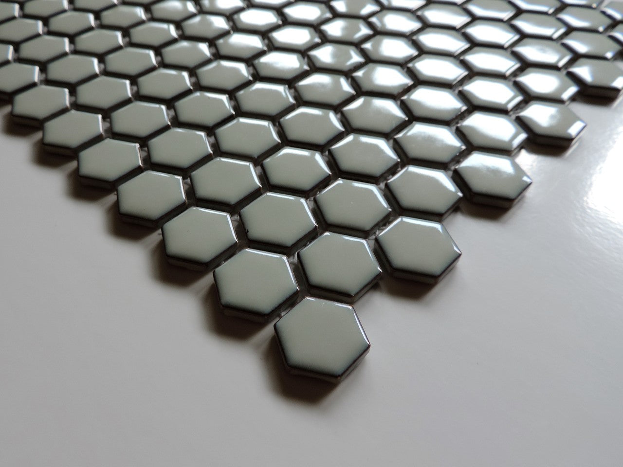 Glazed Porcelain Mosaic Tile Sheet  Barcelona 1"x1" Hexagon Glossy Soft Gray With Retro Edge, Box 8.4 sq. ft.