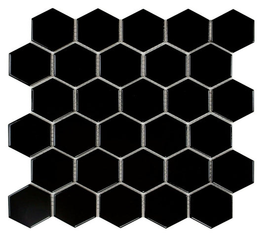 Glazed Porcelain Mosaic Tile Sheet  Barcelona 2"x2" Hexagon Glossy Black, Box 9.8 sq. ft.