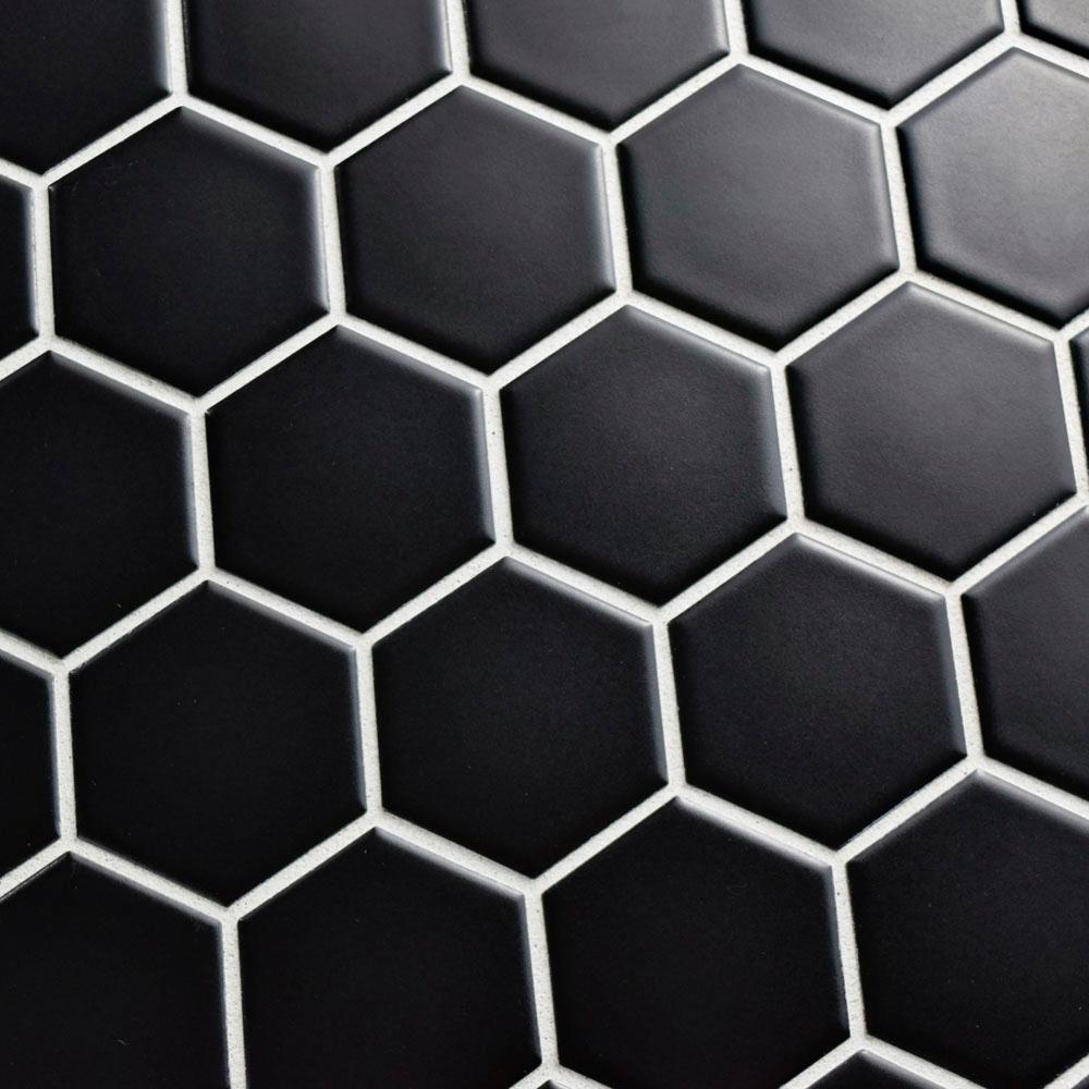 Glazed Porcelain Mosaic Tile Sheet  Barcelona 2"x2" Hexagon Matte Black, Box 9.8 sq. ft.