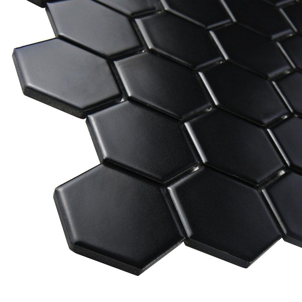 Glazed Porcelain Mosaic Tile Sheet  Barcelona 2"x2" Hexagon Matte Black, Box 9.8 sq. ft.