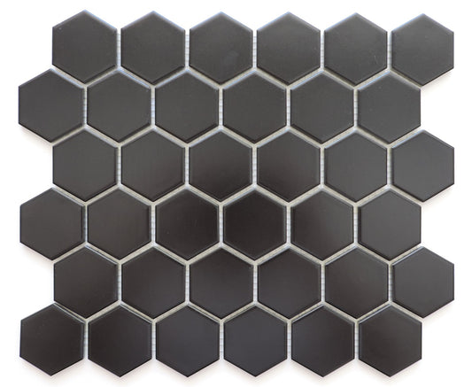 Glazed Porcelain Mosaic Tile Sheet  Barcelona 2"x2" Hexagon Matte Black, Box 9.8 sq. ft.