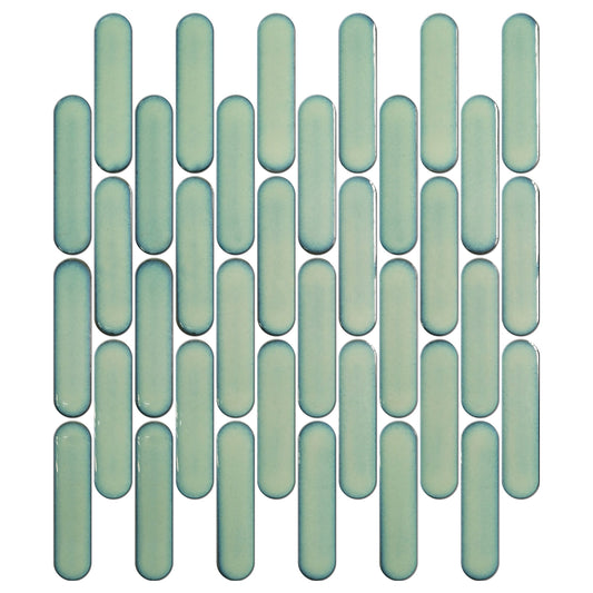 Glazed Porcelain Mosaic Tile Sheet Sevilla 4"x1" Oval Fingers Glossy Turquoise, Box 9.7 sq.ft.