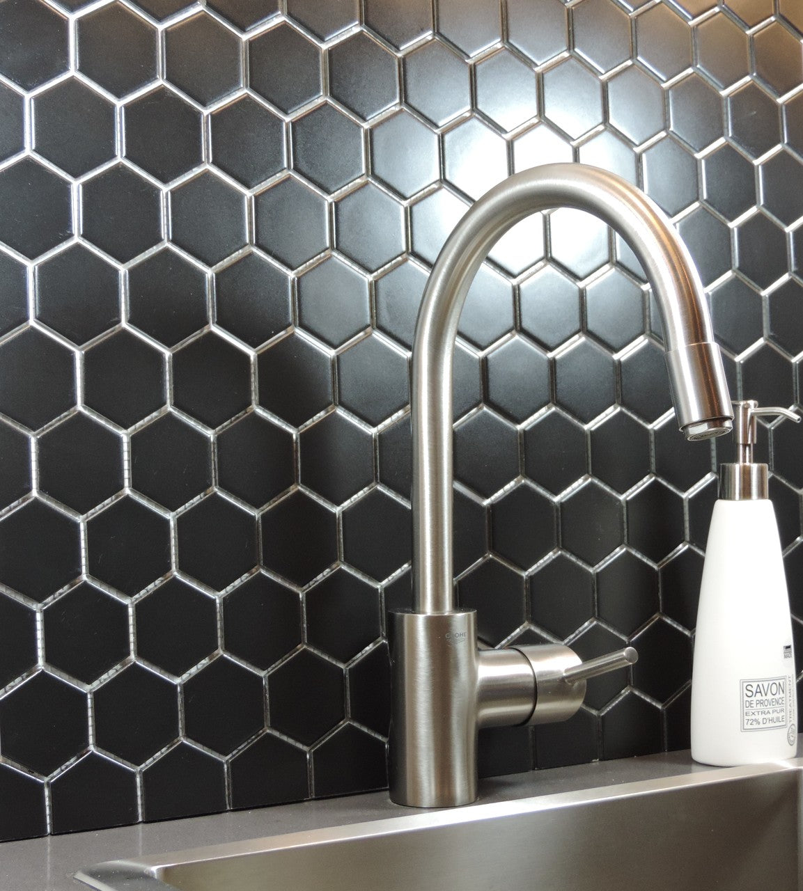 Glazed Porcelain Mosaic Tile Sheet  Barcelona 2"x2" Hexagon Matte Black, Box 9.8 sq. ft.