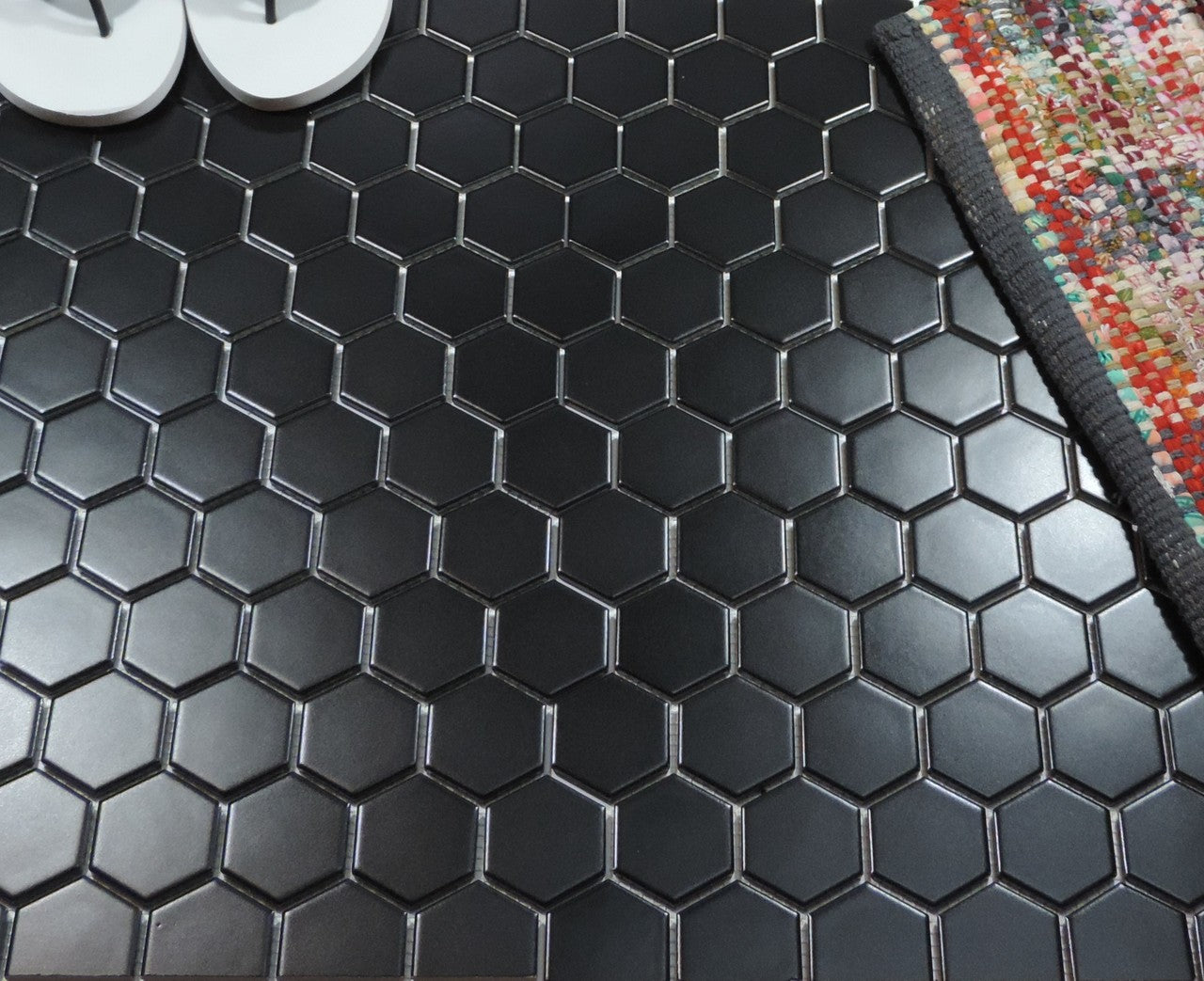 Glazed Porcelain Mosaic Tile Sheet  Barcelona 2"x2" Hexagon Matte Black, Box 9.8 sq. ft.