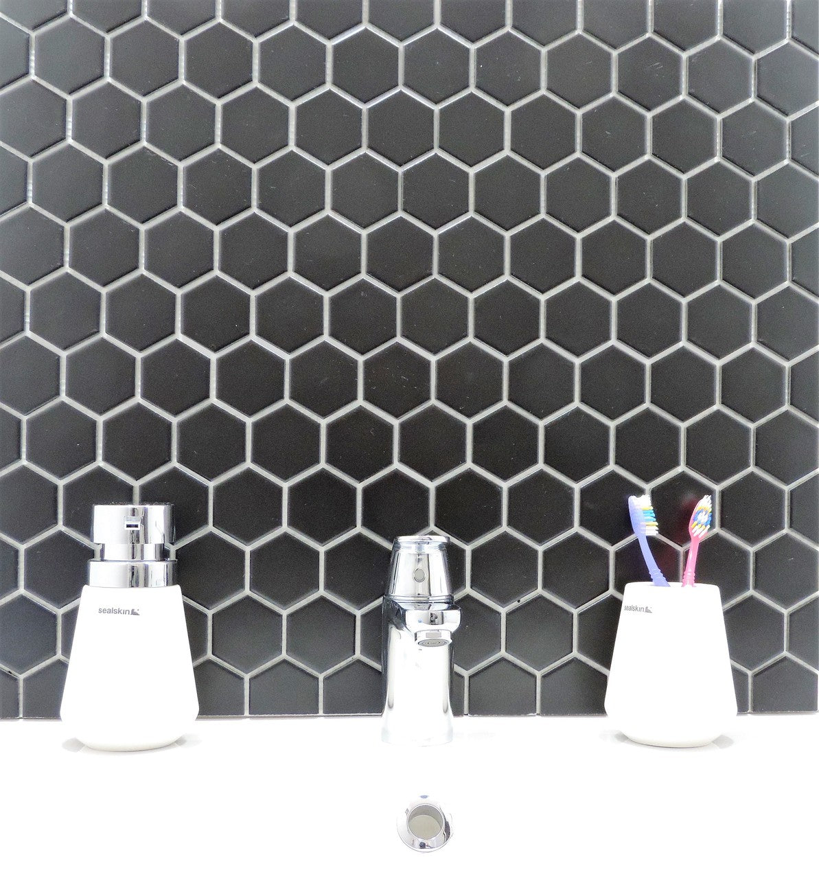 Glazed Porcelain Mosaic Tile Sheet  Barcelona 2"x2" Hexagon Matte Black, Box 9.8 sq. ft.