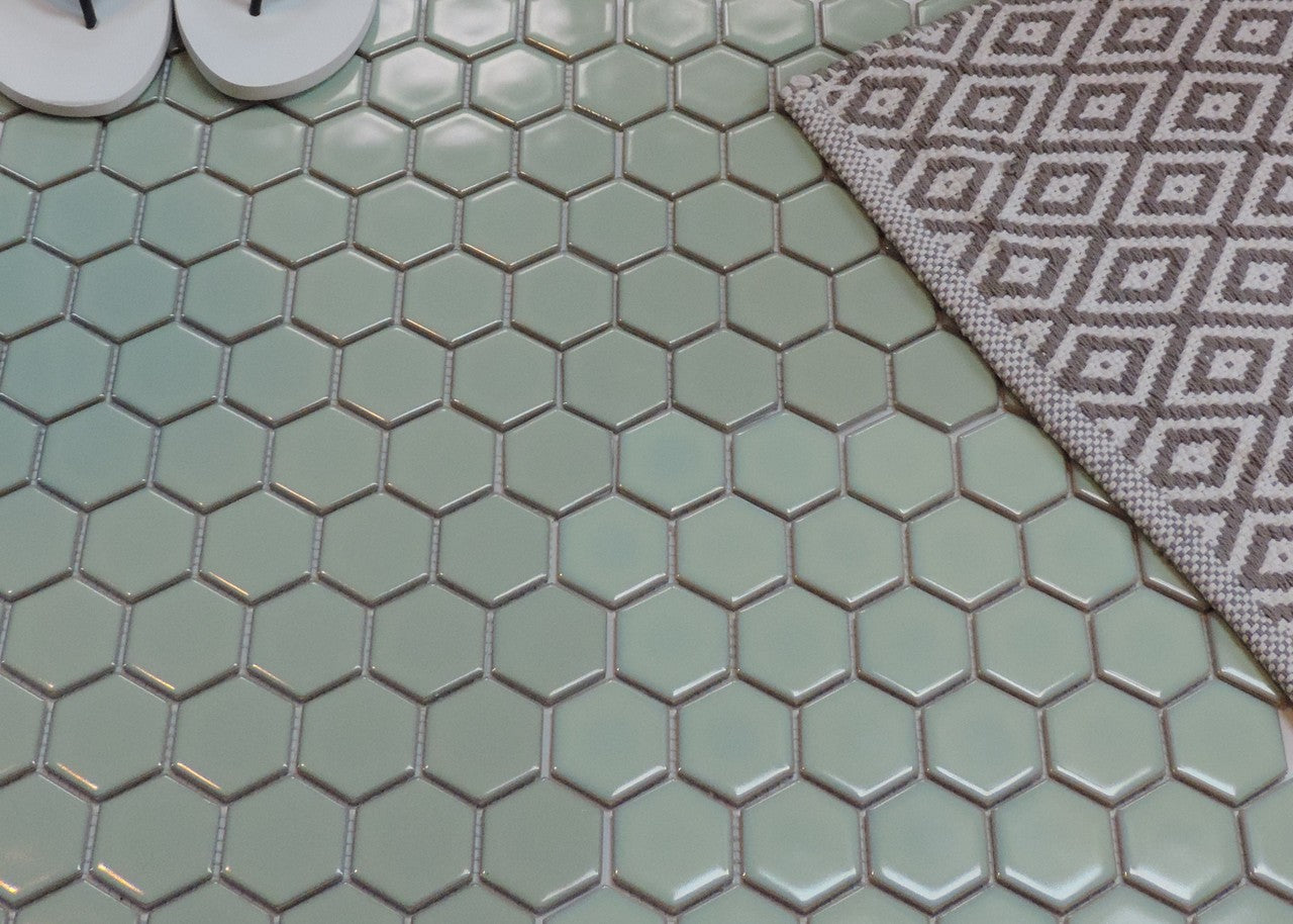 Glazed Porcelain Mosaic Tile Sheet  Barcelona 2"x2" Hexagon Glossy Light Green With Retro Edge, Box 9.8 sq. ft.