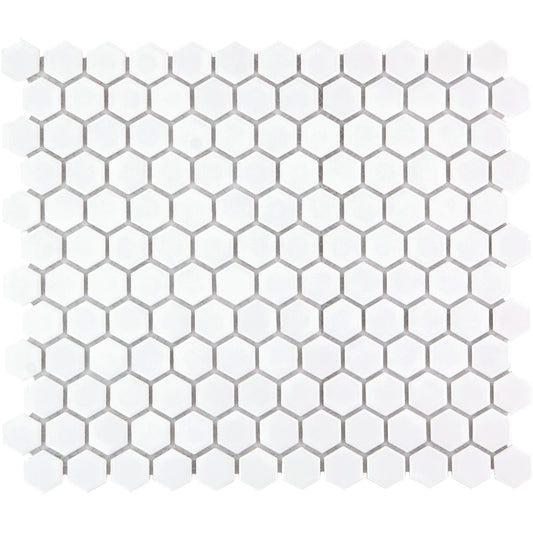 Glazed Porcelain Mosaic Tile Sheet  Barcelona 1"x1" Hexagon Glossy Extra White, Box 8.4 sq. ft.