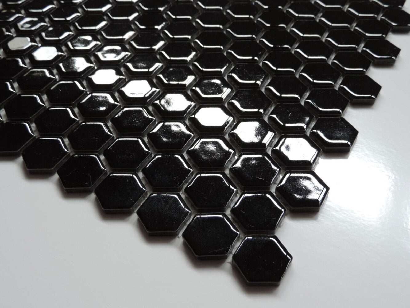 Glazed Porcelain Mosaic Tile Sheet  Barcelona 1"x1" Hexagon Glossy Black, Box 8.4 sq. ft.