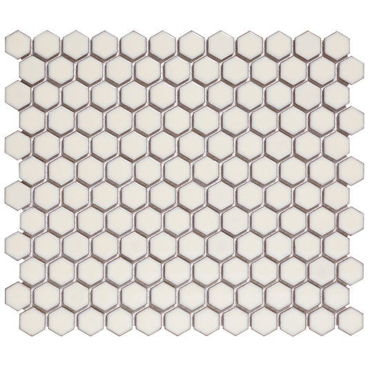 Glazed Porcelain Mosaic Tile Sheet  Barcelona 1"x1" Hexagon Glossy Soft White With Retro Edge, Box 8.4 sq. ft.