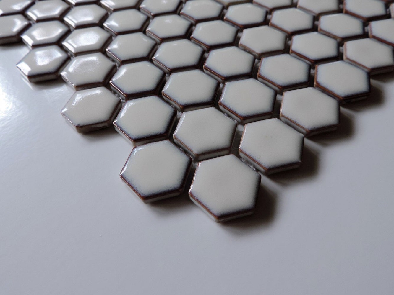 Glazed Porcelain Mosaic Tile Sheet  Barcelona 1"x1" Hexagon Glossy Soft White With Retro Edge, Box 8.4 sq. ft.