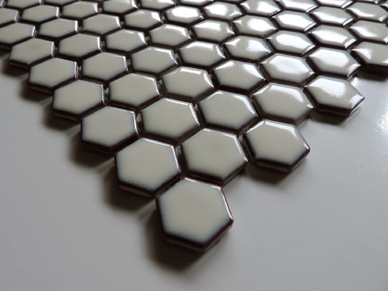 Glazed Porcelain Mosaic Tile Sheet  Barcelona 1"x1" Hexagon Glossy Soft White With Retro Edge, Box 8.4 sq. ft.