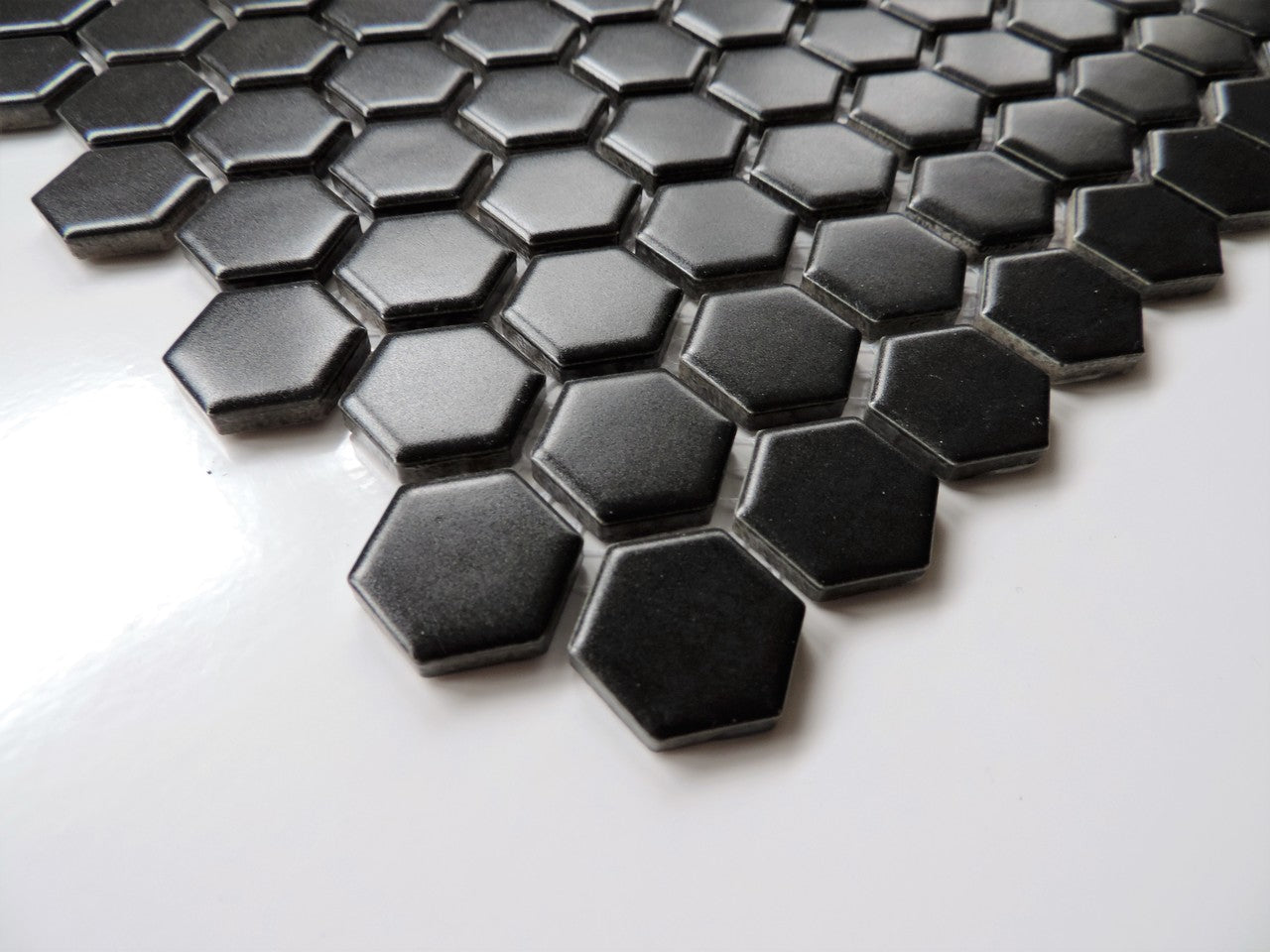 Glazed Porcelain Mosaic Tile Sheet  Barcelona 1"x1" Hexagon Matte Black, Box 8.4 sq. ft.