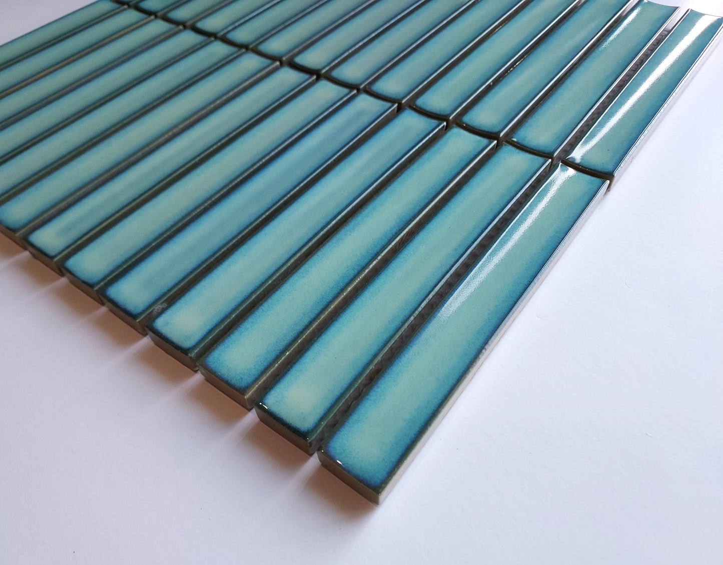 Glazed Porcelain Mosaic Tile Sheet Sevilla Concave 6"x1" Kit Kat Fingers Glossy Turquoise, Box 9.5 sq.ft.