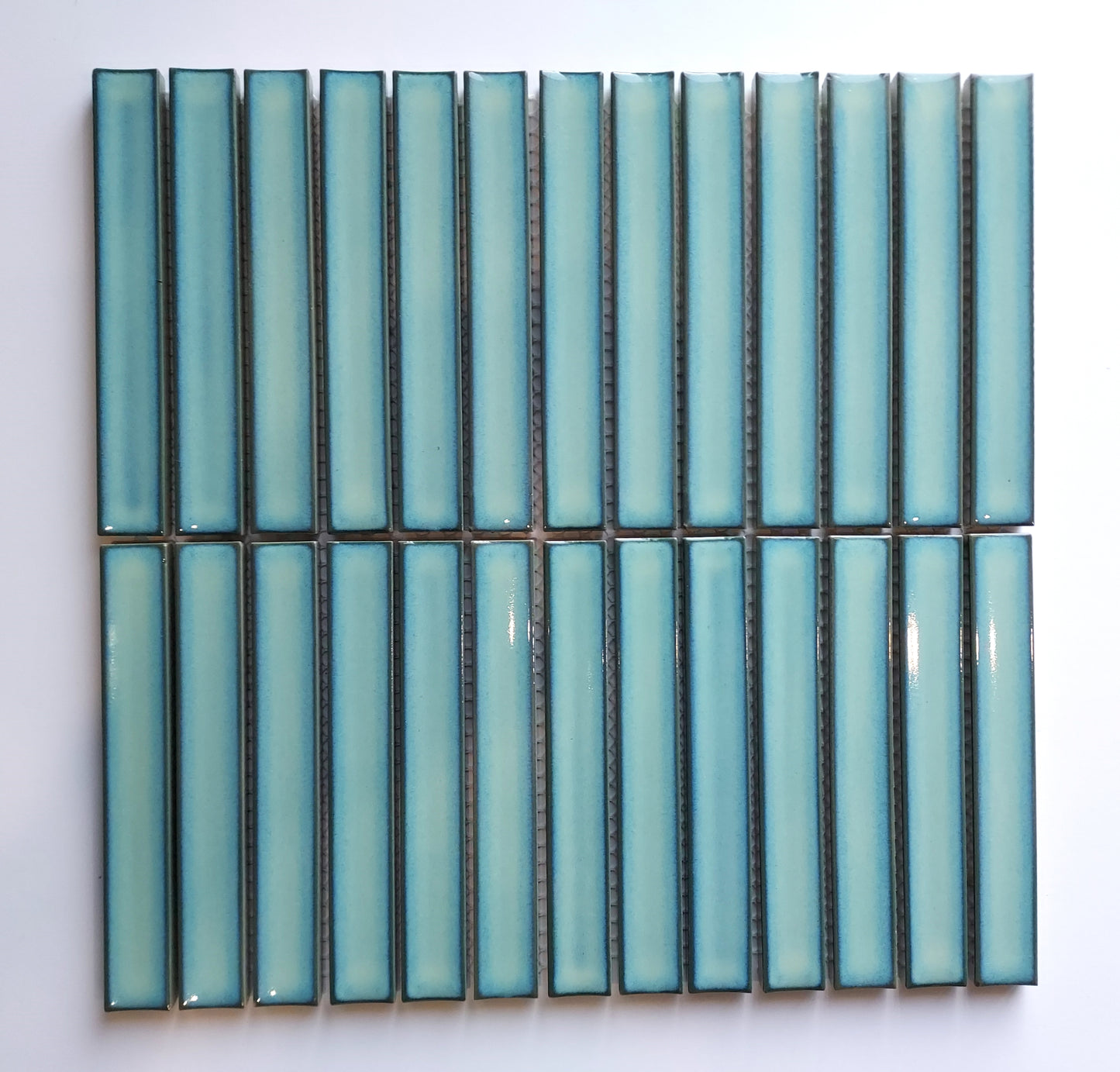 Glazed Porcelain Mosaic Tile Sheet Sevilla Concave 6"x1" Kit Kat Fingers Glossy Turquoise, Box 9.5 sq.ft.