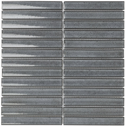 Glazed Porcelain Mosaic Tile Sheet Sevilla Concave 6"x1" Kit Kat Fingers Glossy Gray With Speckles, Box 9.5 sq.ft.