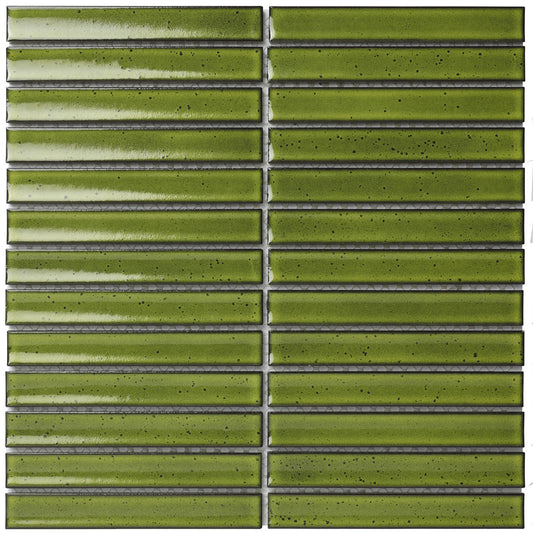 Glazed Porcelain Mosaic Tile Sheet Sevilla Concave 6"x1" Kit Kat Fingers Glossy Green With Speckles, Box 9.5 sq.ft.