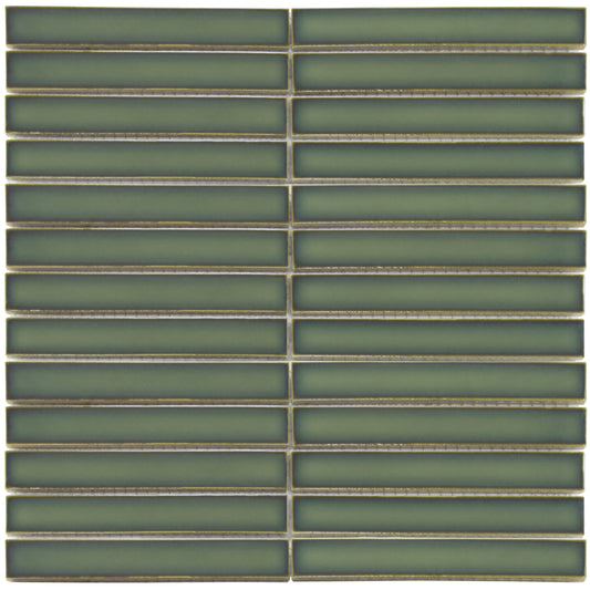 Glazed Porcelain Mosaic Tile Sheet Sevilla Concave 6"x1" Kit Kat Fingers Glossy Forest Green, Box 9.5 sq.ft.