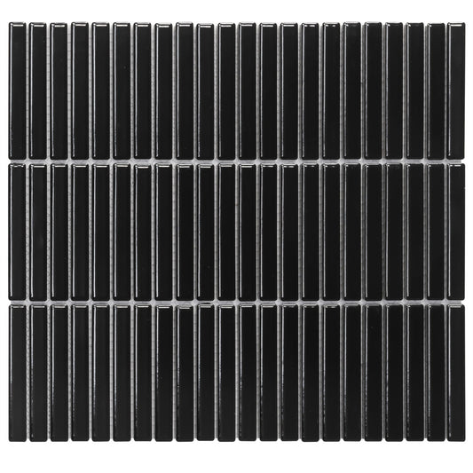 Glazed Porcelain Mosaic Tile Sheet Sevilla 3.5"x0.5" Mini Kit Kat Fingers Glossy Black, Box 9.4 sq.ft.