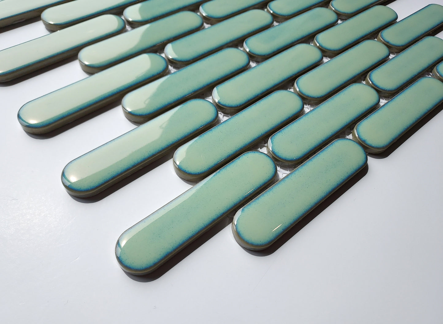 Glazed Porcelain Mosaic Tile Sheet Sevilla 4"x1" Oval Fingers Glossy Turquoise, Box 9.7 sq.ft.