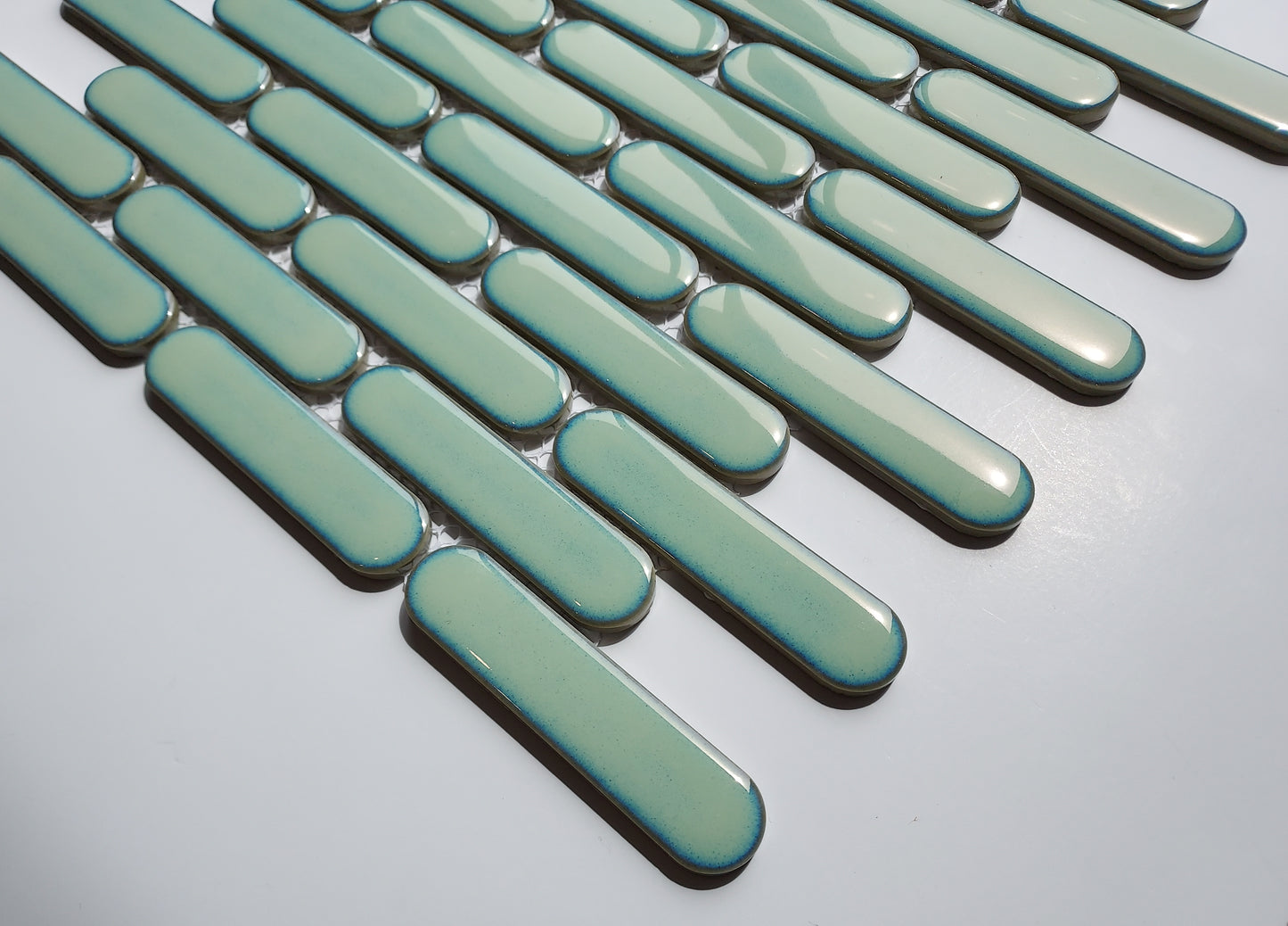 Glazed Porcelain Mosaic Tile Sheet Sevilla 4"x1" Oval Fingers Glossy Turquoise, Box 9.7 sq.ft.