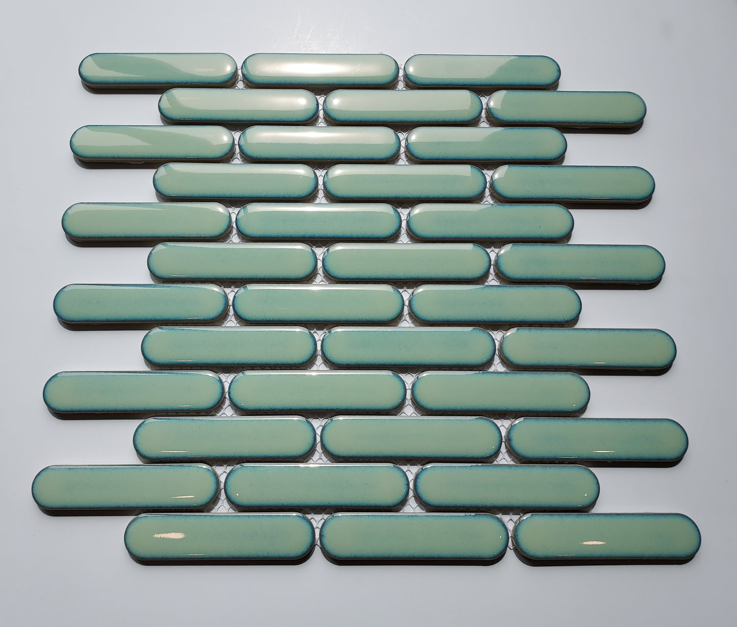 Glazed Porcelain Mosaic Tile Sheet Sevilla 4"x1" Oval Fingers Glossy Turquoise, Box 9.7 sq.ft.