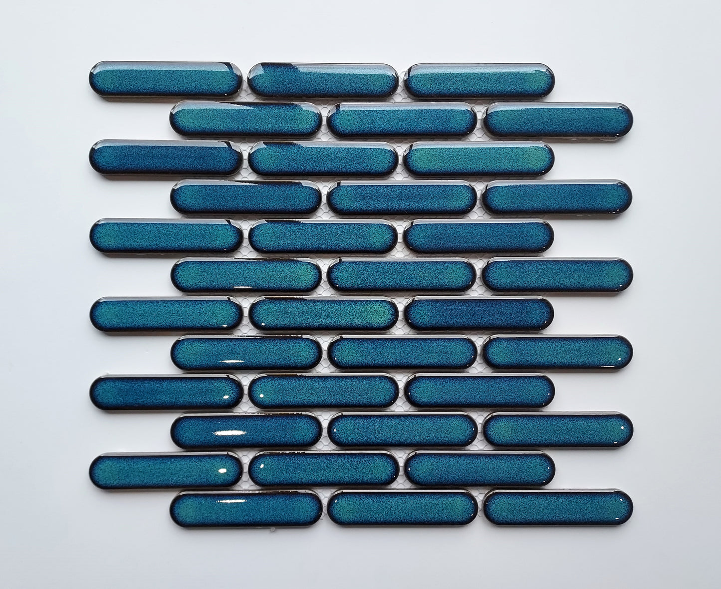 Glazed Porcelain Mosaic Tile Sheet Sevilla 4"x1" Oval Fingers Glossy Ocean Blue, Box 9.7 sq.ft.