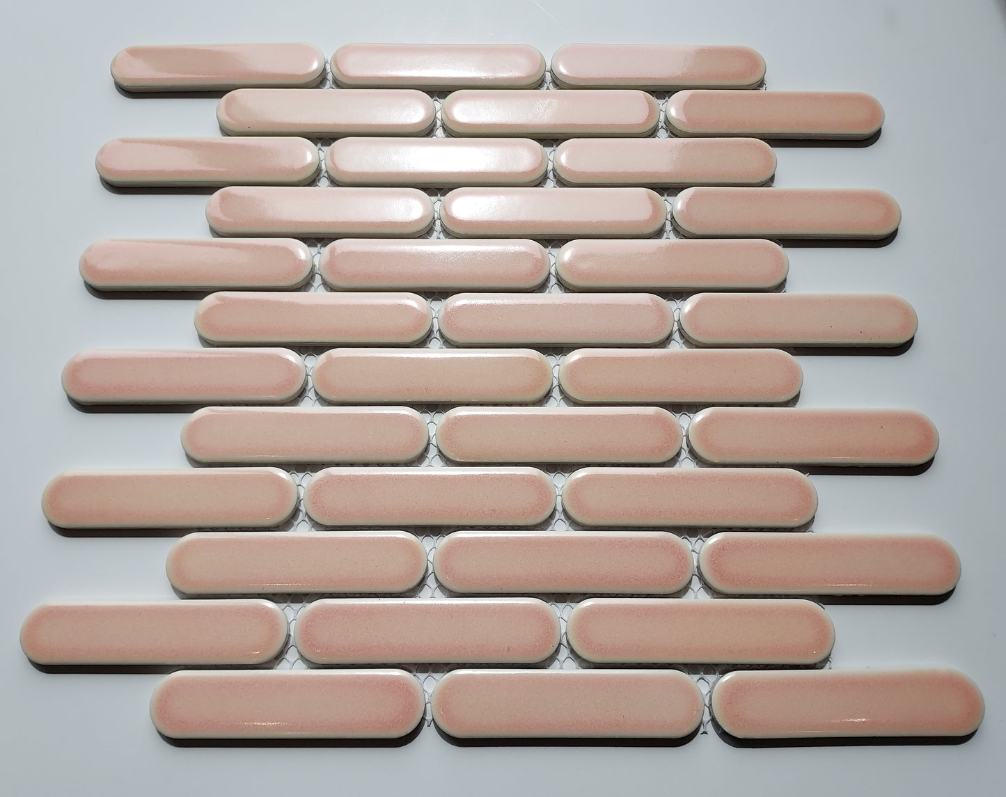 Glazed Porcelain Mosaic Tile Sheet Sevilla 4"x1" Oval Fingers Glossy Pink, Box 9.7 sq.ft.